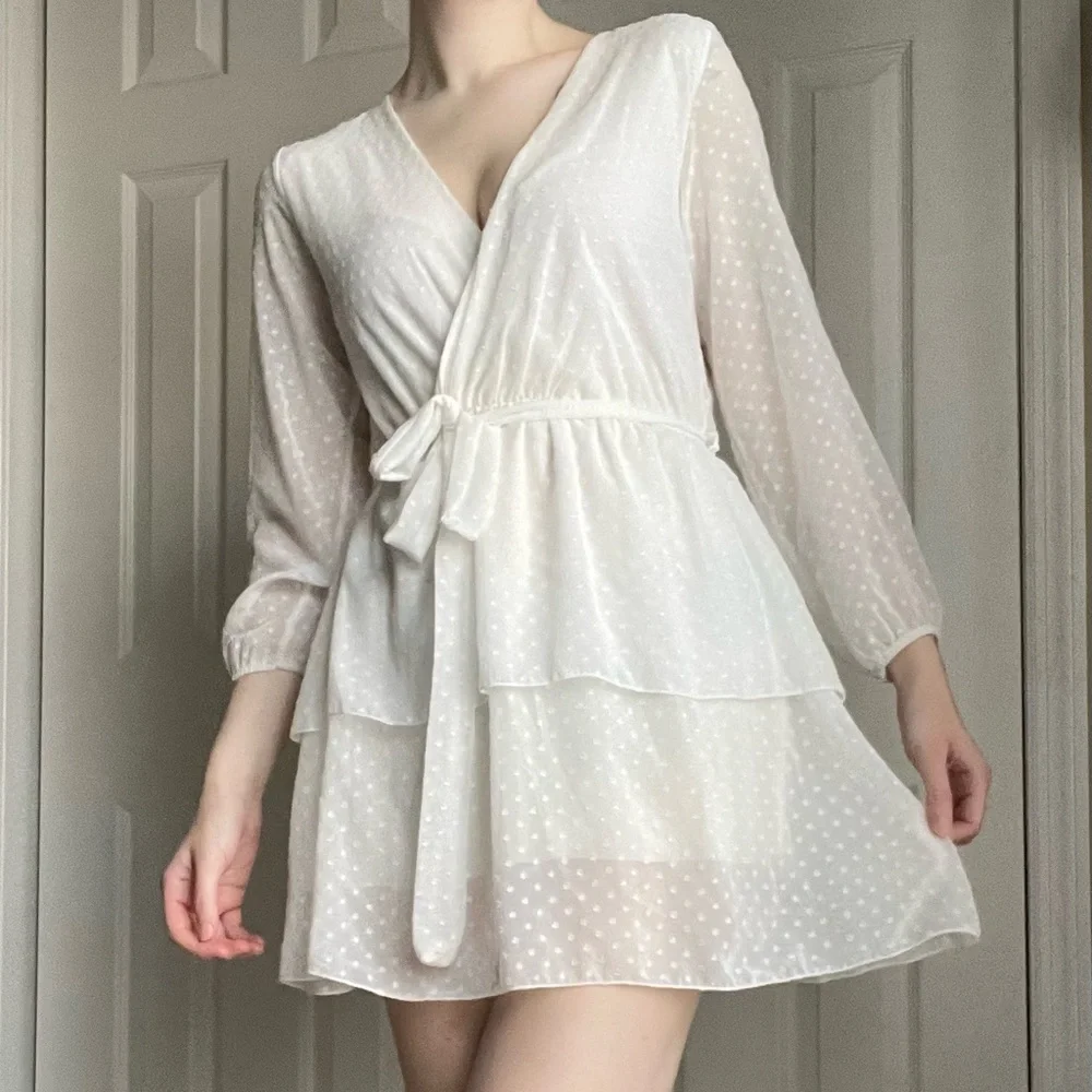 Elegant White Faux Wrap Dress - Picture 4 of 4